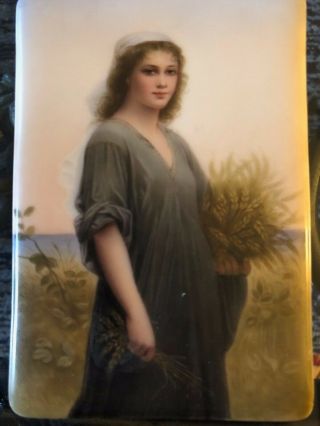 Antique Porcelain Plaque " Ruth With Wheat " Kpm Style Mkd 302 Hand Painted 4x5.  75