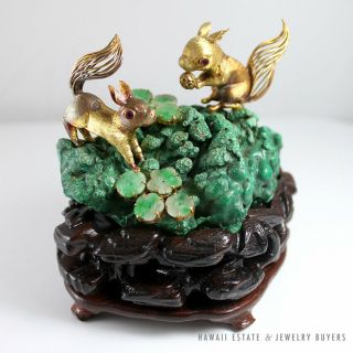 Chinese Squirrel Rock & Jade Flowers Tabletop Sculpture W/ Base