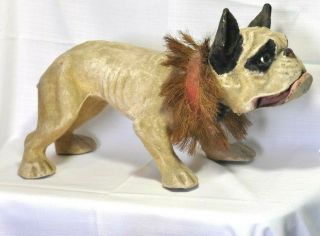 Antique Paper Mache French Bulldog Growler/Nodder Barking/Mechanism/Wood Wheels 11