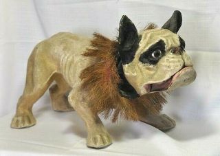 Antique Paper Mache French Bulldog Growler/Nodder Barking/Mechanism/Wood Wheels 2