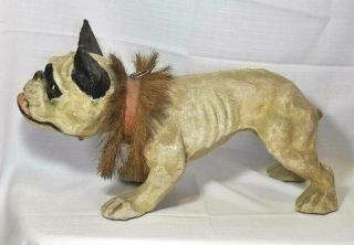 Antique Paper Mache French Bulldog Growler/Nodder Barking/Mechanism/Wood Wheels 3