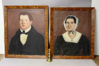 Pair 19th C American Folk Art Oil/canvas Portraits Of Man And Woman Great Detail