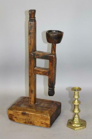 A Very Rare 17th C Pilgrim American Wooden Table Top Grease Lamp In Maple