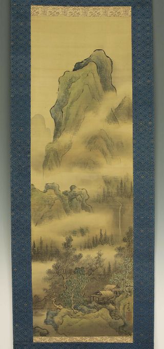 掛軸1967 Japanese Hanging Scroll : Tani Buncho " Huts In Mountain Landscape " @z6305