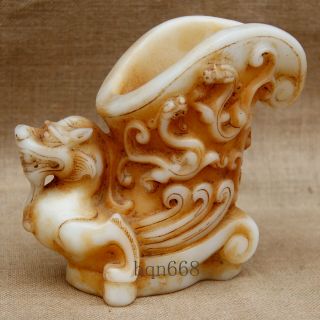 8 " Old Antique White Jade Pixiu Dragon Beast Wine Glass Cup Jue