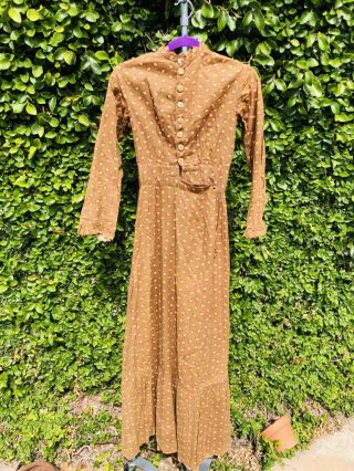 Orig Hand Sewn Victorian Leaf Print Brown Cotton Day Dress