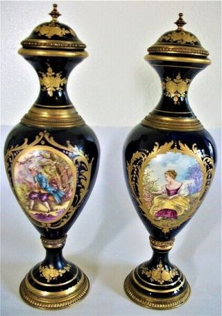 Pair Antique French Sevres Porcelain Gilt Enamel Portrait Urns.