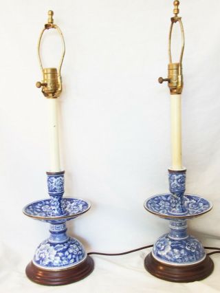 Pair Blue Chrysanthemum Porcelain Candlestick Lamps Hollywood Regency Asian Vtg