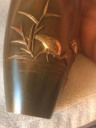 Japanese Bronze Mixed Metal Vase Cranes Bamboo 10