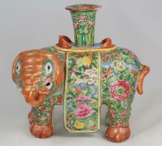 Antique Chinese 19th Century Famille Rose Porcelain Elephant Candlestick Qing