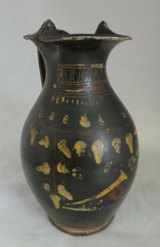 Ancient Greek Apulian Pottery Wine Jug W/painted Design C.  4th C.  Bce.  8 7/8”