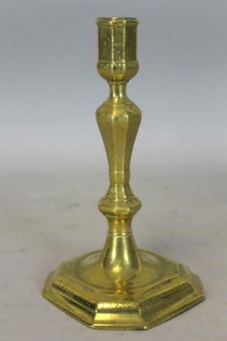 RARE 17TH C SPANISH BRASS CANDLESTICK WITH ENGRAVED DECORATION A STEPPED BASE 2