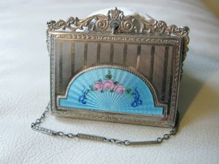 Antique Art Deco Silver T Blue Guilloche Bar Fob Chain Lipstick Dance Compact