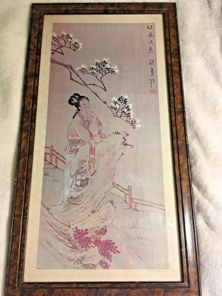 Fine Antique Chinese Silk Printed Painting Girl With Plum Blossoms Signed Framed