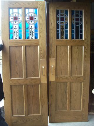 Pair Oak Doors Stained Glass In Top 2 Panels