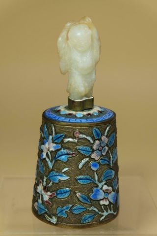 An Antique Chinese Enamel Bell With Jade Boy Finial