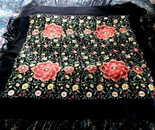 Gorgeous Antique Embroidered Chinese Silk Piano Shawl 17 " Fringe 52 
