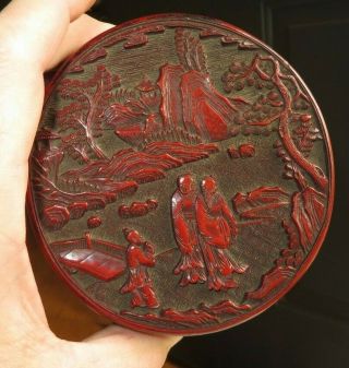 Antique Cinnabar Chinese Lacquer Box Round Carved Detailed (r200)