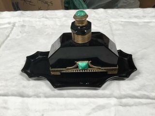 Large Black Austria Made Green Stones Parfum Perfume Bottle Tray Black