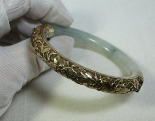 Vintage Chinese Gilt Silver Jade Hinged Bangle Bracelet Floral Repousse Sterling