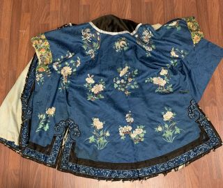 Antique Chnese Qing Dynasty blue silk embroidered royal robe with flowers 10