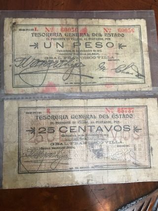 Collectible 1913 Mexican Bills 1 Peso And One 25 Cents Bill By: Francisco Villa
