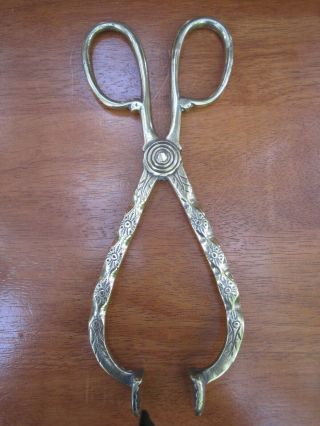 Antique Coal Tongs - Antique Brass Coal Tongs - Embossed Brass Fireplace Ember Tongs