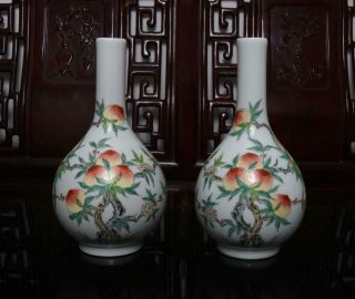 Pair Old Rare Famille Rose Chinese Porcelain Peach&bat Vase Qianlong Mk