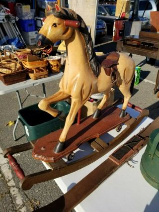 Vintage Wooden Rocking Horse Large Pull Toy Carousel Wheels Stirrups Folk Artsy