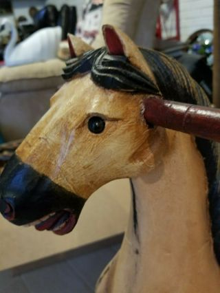 Vintage Wooden Rocking Horse LARGE pull toy CArousel Wheels Stirrups FOLK ARTSY 3