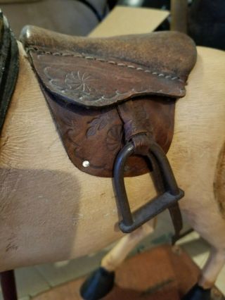 Vintage Wooden Rocking Horse LARGE pull toy CArousel Wheels Stirrups FOLK ARTSY 4