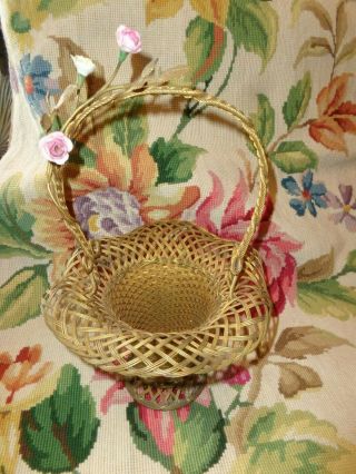 Vintage French Gold Gilt Weaved Basket Porcelain Pink Yellow Rose Flowers Basket