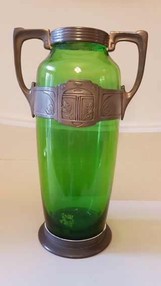 Art Noveau Secessionist Green Glass And Pewter Vase