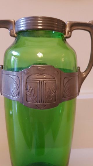 Art Noveau Secessionist Green Glass And Pewter Vase 2