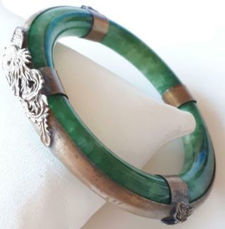 Antique Victorian Chinese Green Hard Stone Dragon & Butterfly Bangle - Bracelet