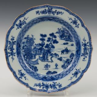 Deep Chinese Blue & White Plate,  Figures In A Landscape,  18th Ct.
