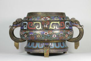 Antique Chinese Qing Dynasty 1644 - 1912 Huge Champleve Enamel Bronze Gui Censer B