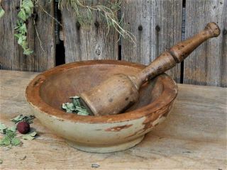 Aafa Antique Primitive Wooden Mortar & Pestle Bowl Chippy Green Paint