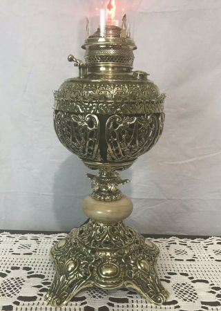Antique Ornate Solid Brass Oil Lamp Converted Alabaster Agate Center Stamped " L "