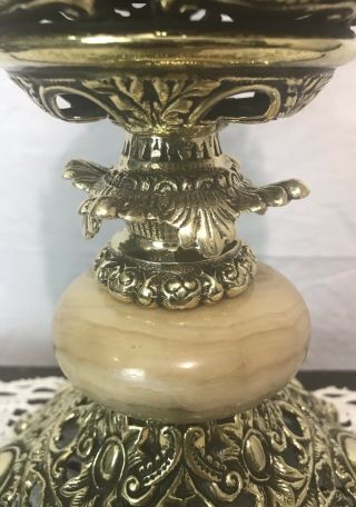 Antique Ornate Solid Brass Oil Lamp Converted Alabaster Agate Center Stamped 