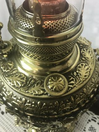 Antique Ornate Solid Brass Oil Lamp Converted Alabaster Agate Center Stamped 