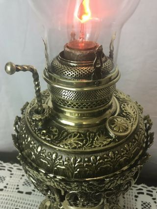 Antique Ornate Solid Brass Oil Lamp Converted Alabaster Agate Center Stamped 