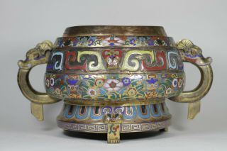 Antique Chinese Qing Dynasty 1644 - 1912 Huge Champleve Enamel Bronze Gui Censer A