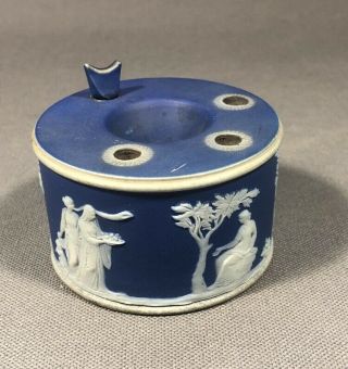 Rare Dark Blue Wedgwood Jasperware Inkwell W/ Pen Rest 3