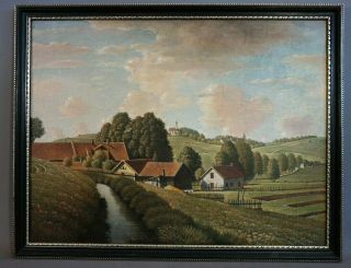 1947 Vintage Rolling Hills Old Country Town Pastoral Landscape Farm Painting