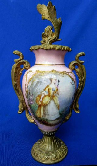 Pair antique Sevres style bronze mounted porcelain footed mantle portrait urns 2