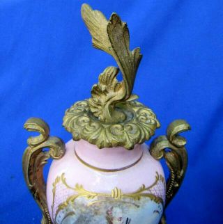 Pair antique Sevres style bronze mounted porcelain footed mantle portrait urns 3