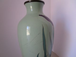 Antique Japanese Cloisonne Vase Meiji Era Purple Blue Iris Flower celadon green 10