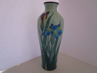 Antique Japanese Cloisonne Vase Meiji Era Purple Blue Iris Flower Celadon Green