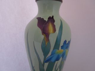 Antique Japanese Cloisonne Vase Meiji Era Purple Blue Iris Flower celadon green 2